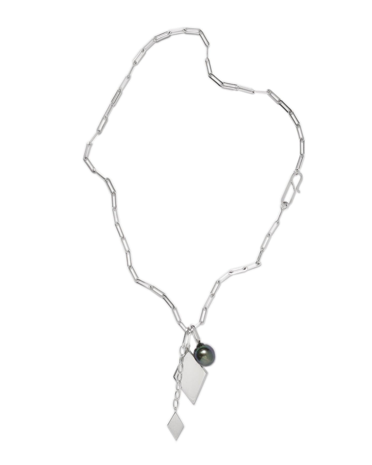 Rhomb Double Pendants With Unique Tahiti Pearl & Flat Paperclip Chain