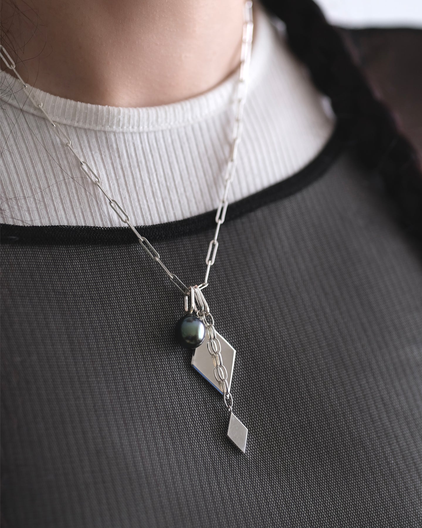 Double Rhomb pendant with Tahiti pearl necklace.