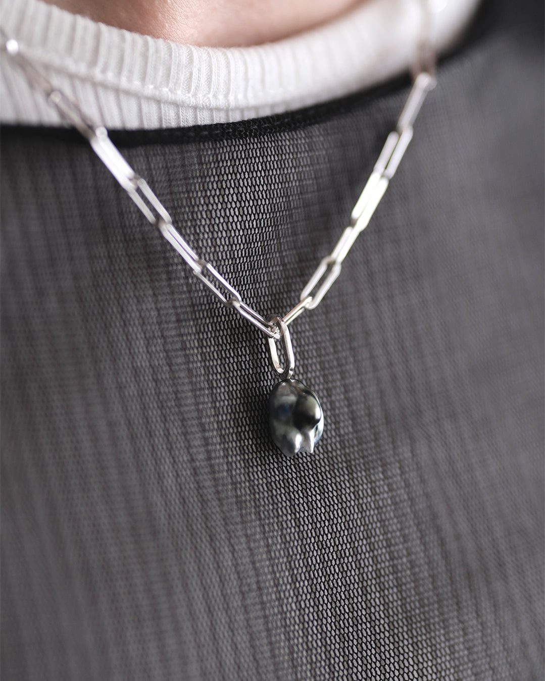 One of a kind Tahiti pearl pendant on a sterling silver paper clip chain.